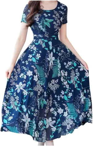 Maxi Dresses for Women 2023 Summer Casual Short Sleeve Crewneck Floral Long Dress Elegant Flowy Beach Vacation Dress