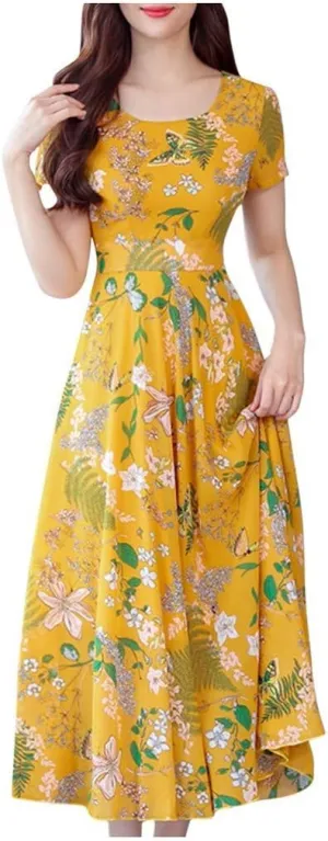 Maxi Dresses for Women 2023 Summer Casual Short Sleeve Crewneck Floral Long Dress Elegant Flowy Beach Vacation Dress