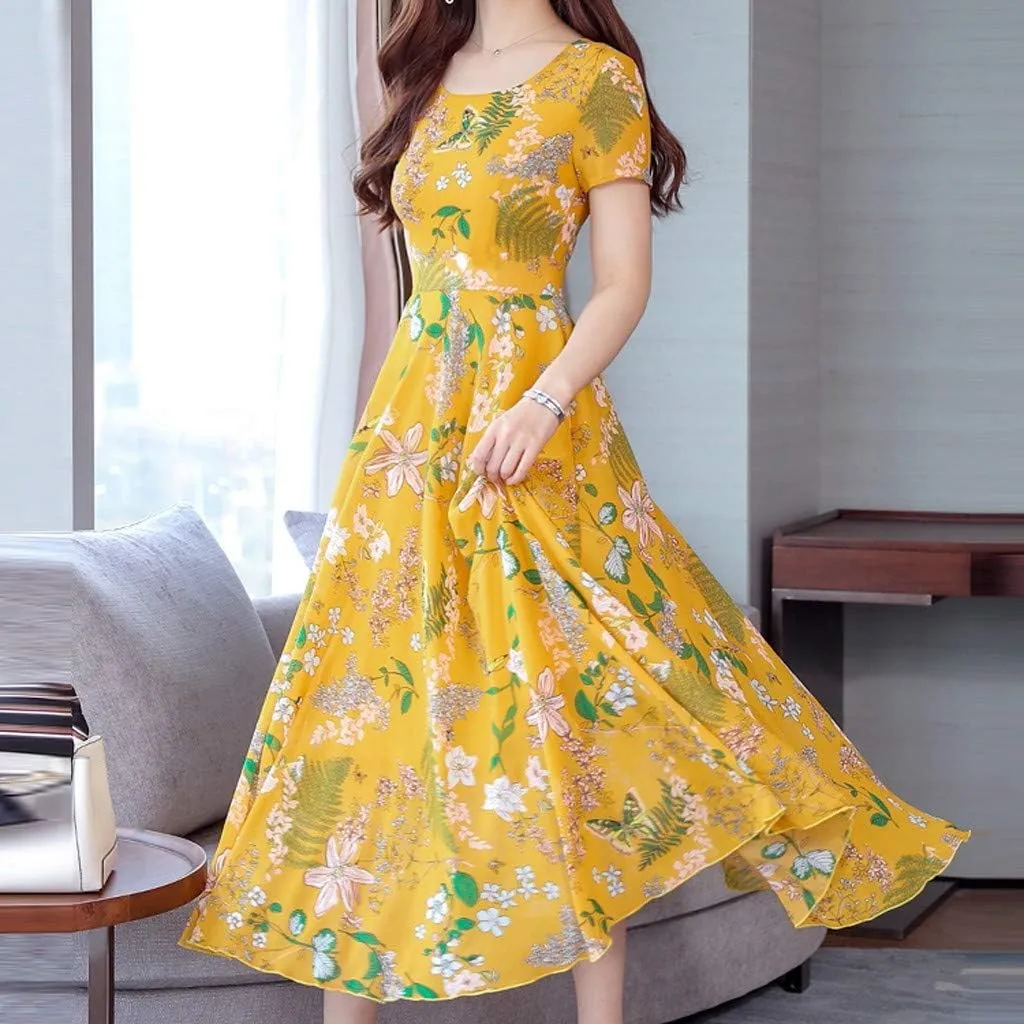 Maxi Dresses for Women 2023 Summer Casual Short Sleeve Crewneck Floral Long Dress Elegant Flowy Beach Vacation Dress