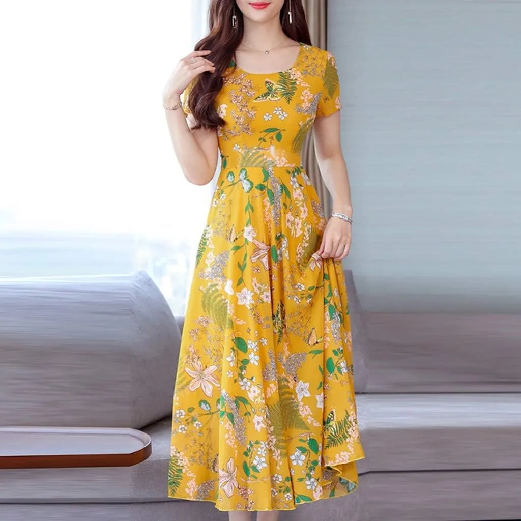Maxi Dresses for Women 2023 Summer Casual Short Sleeve Crewneck Floral Long Dress Elegant Flowy Beach Vacation Dress