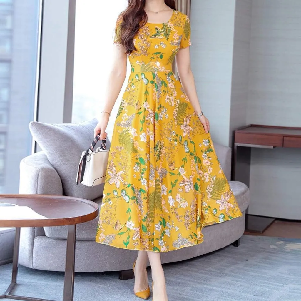 Maxi Dresses for Women 2023 Summer Casual Short Sleeve Crewneck Floral Long Dress Elegant Flowy Beach Vacation Dress