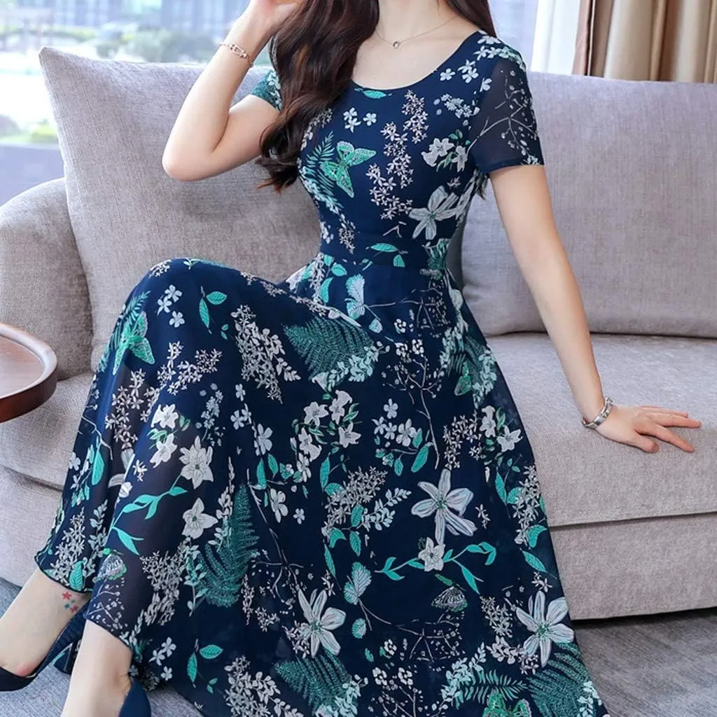 Maxi Dresses for Women 2023 Summer Casual Short Sleeve Crewneck Floral Long Dress Elegant Flowy Beach Vacation Dress
