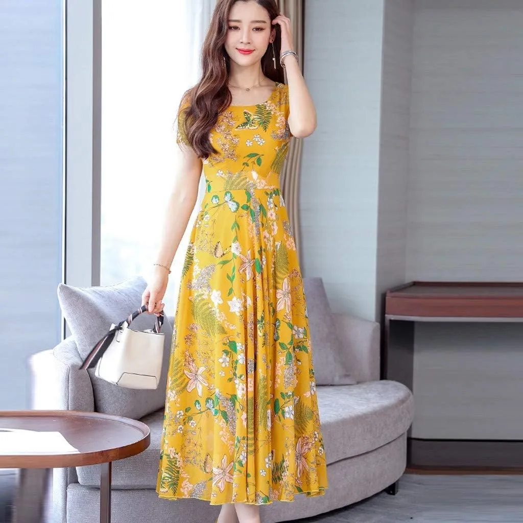 Maxi Dresses for Women 2023 Summer Casual Short Sleeve Crewneck Floral Long Dress Elegant Flowy Beach Vacation Dress