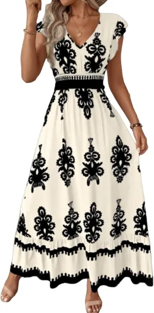 Maxi Dresses for Women Boho High Waisted Flowy A Line Long Dress Summer Casual Cap Sleeve V Neck Sundress