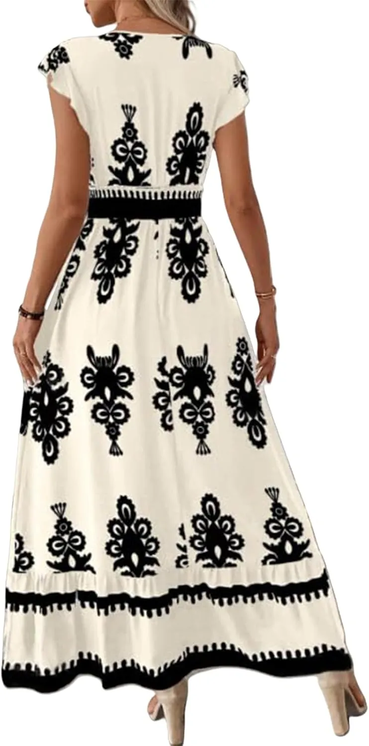 Maxi Dresses for Women Boho High Waisted Flowy A Line Long Dress Summer Casual Cap Sleeve V Neck Sundress