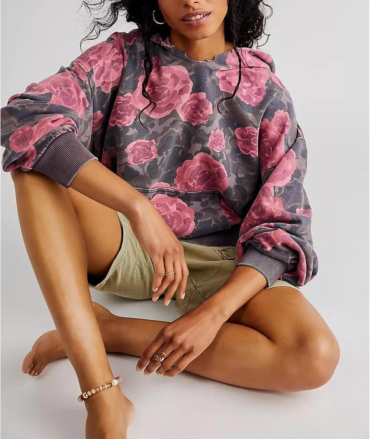 Meiweileya Oversized Graphic Hoodies for Women Y2k Long Sleeve Doop Sweatshirts Top Print Floral Crewneck