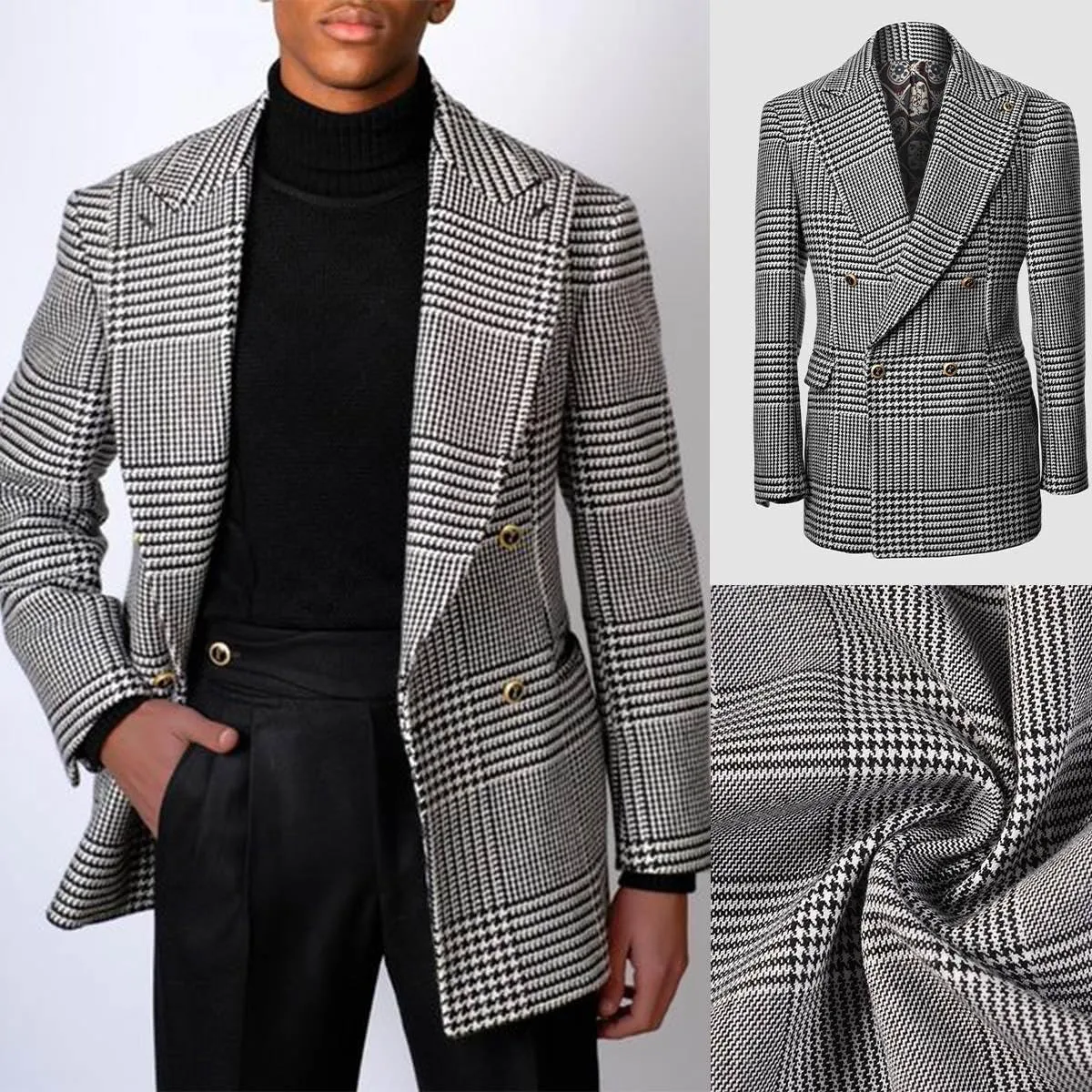 Men Houndstooth Blazer Peaked Lapel Double Breasted One Button Slim Fit 2 Flap Pockets