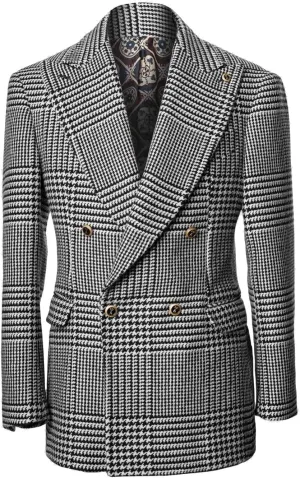 Men Houndstooth Blazer Peaked Lapel Double Breasted One Button Slim Fit 2 Flap Pockets