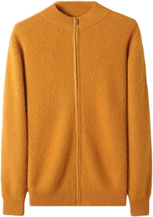 Men's 100 Percent Cashmere Zipper Cardigan Casual Long Sleeve Ribbed Knitted Sweater