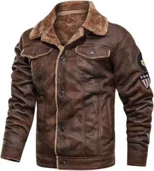 Men's Bomber Jacket,Autumn Winter Vintage Turn-down Collar Solid Imitation Leather Coat