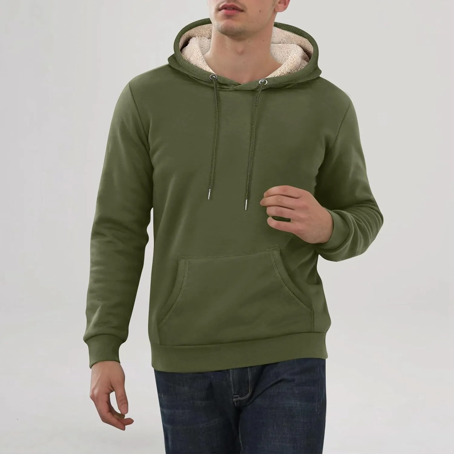 Mens Hoodies Winter Warm Pullover Long Sleeve Sherpa Hooded Sweatshirt Thick Plush Athletic Sweatshirts with Pockets