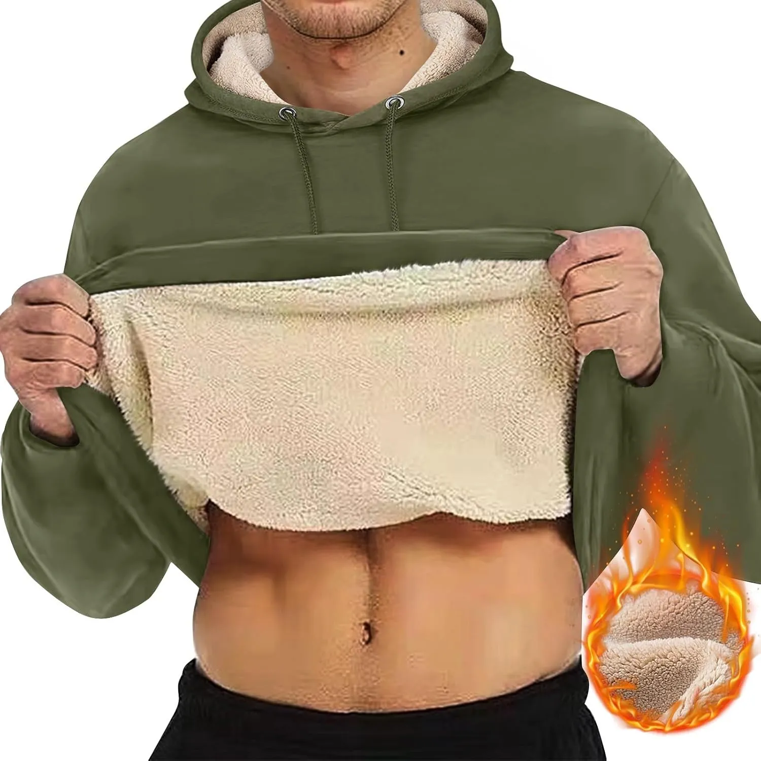 Mens Hoodies Winter Warm Pullover Long Sleeve Sherpa Hooded Sweatshirt Thick Plush Athletic Sweatshirts with Pockets