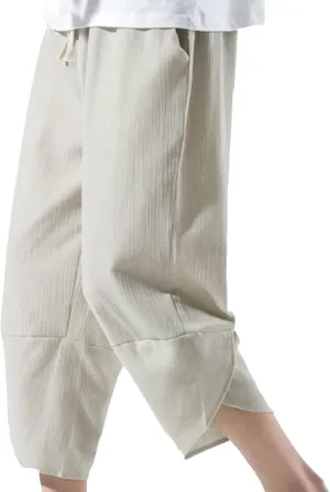 Mens Linen Harem Capri Yoga Pant Lightweight Loose Fit Trousers Drawstring Drop Crotch Stretchy Waist Casual Ankle Pants