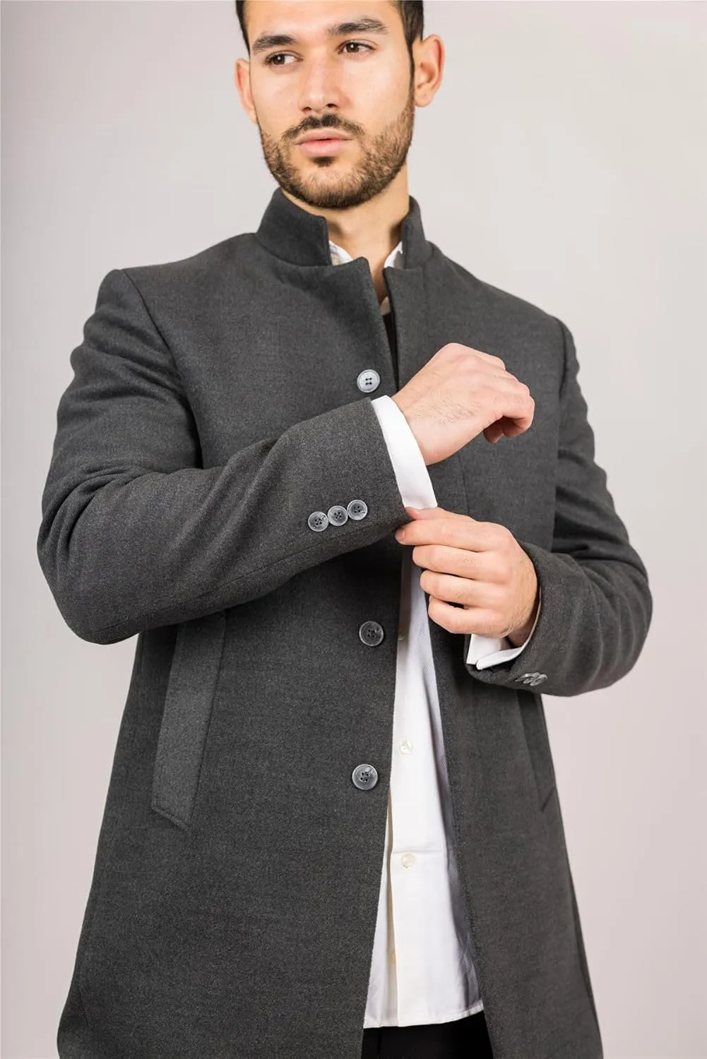 Men's Overcoat Stand Collar Wool Blend Classic Trench Coat Winter Jacket