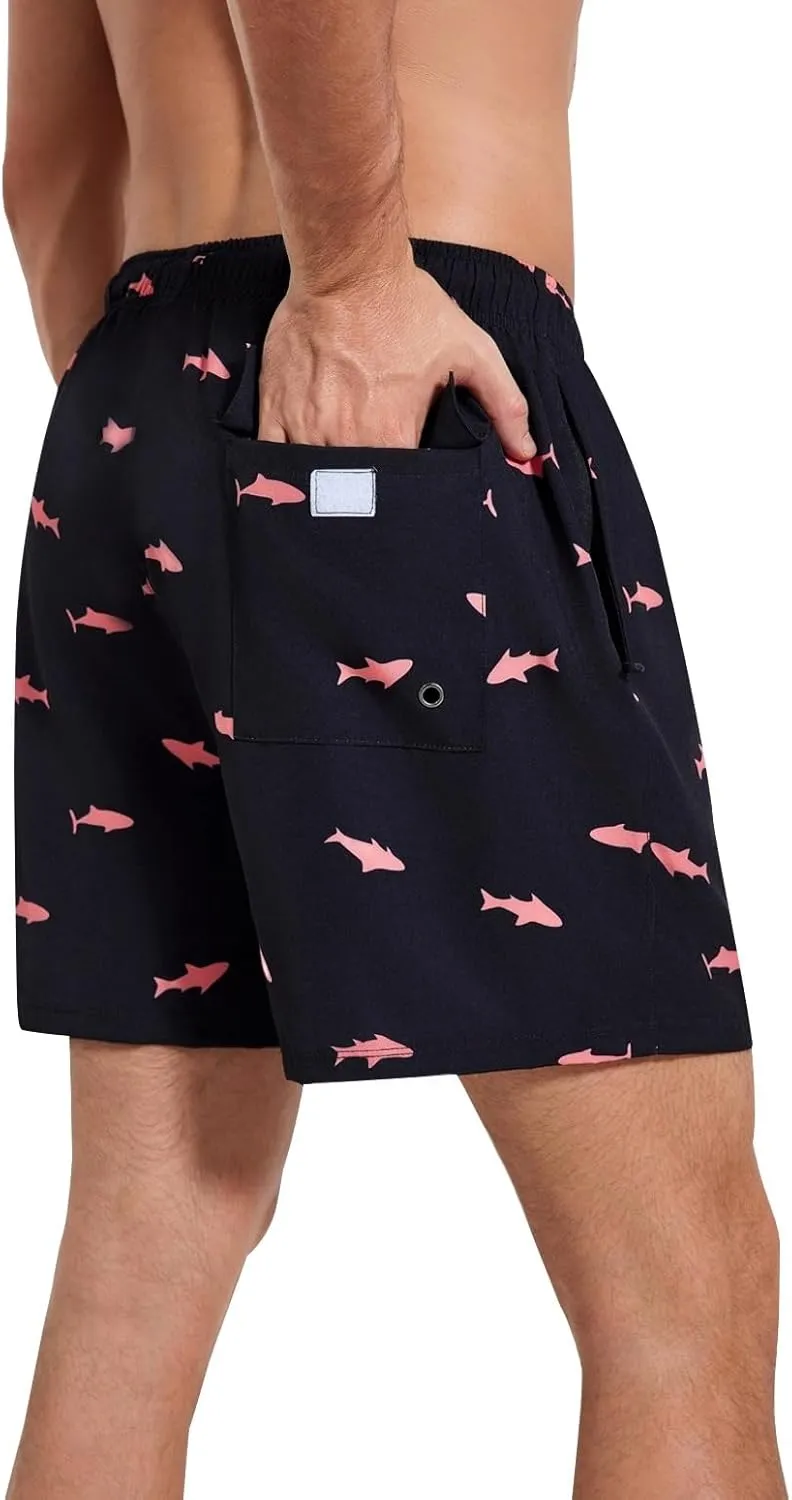 Mens Swim Trunks with Compression Liner 5" Stretch Beach Shorts 2 in 1 Quick Dry with Zipper Pockets Board Shorts