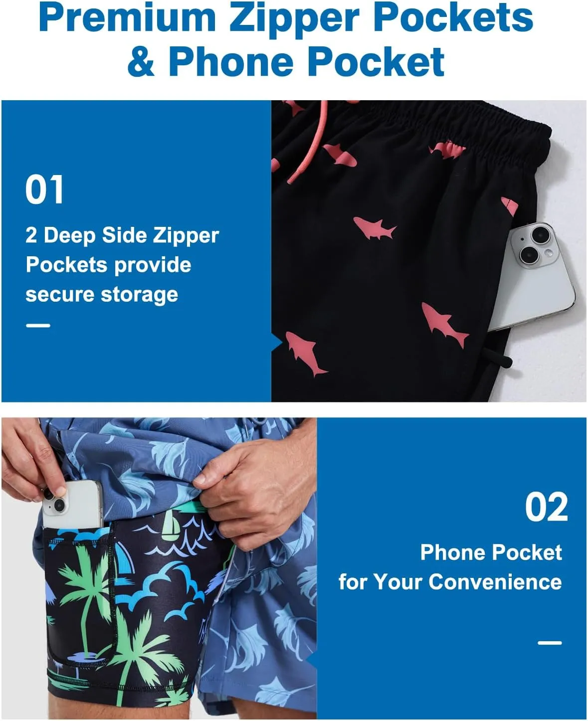 Mens Swim Trunks with Compression Liner 5" Stretch Beach Shorts 2 in 1 Quick Dry with Zipper Pockets Board Shorts