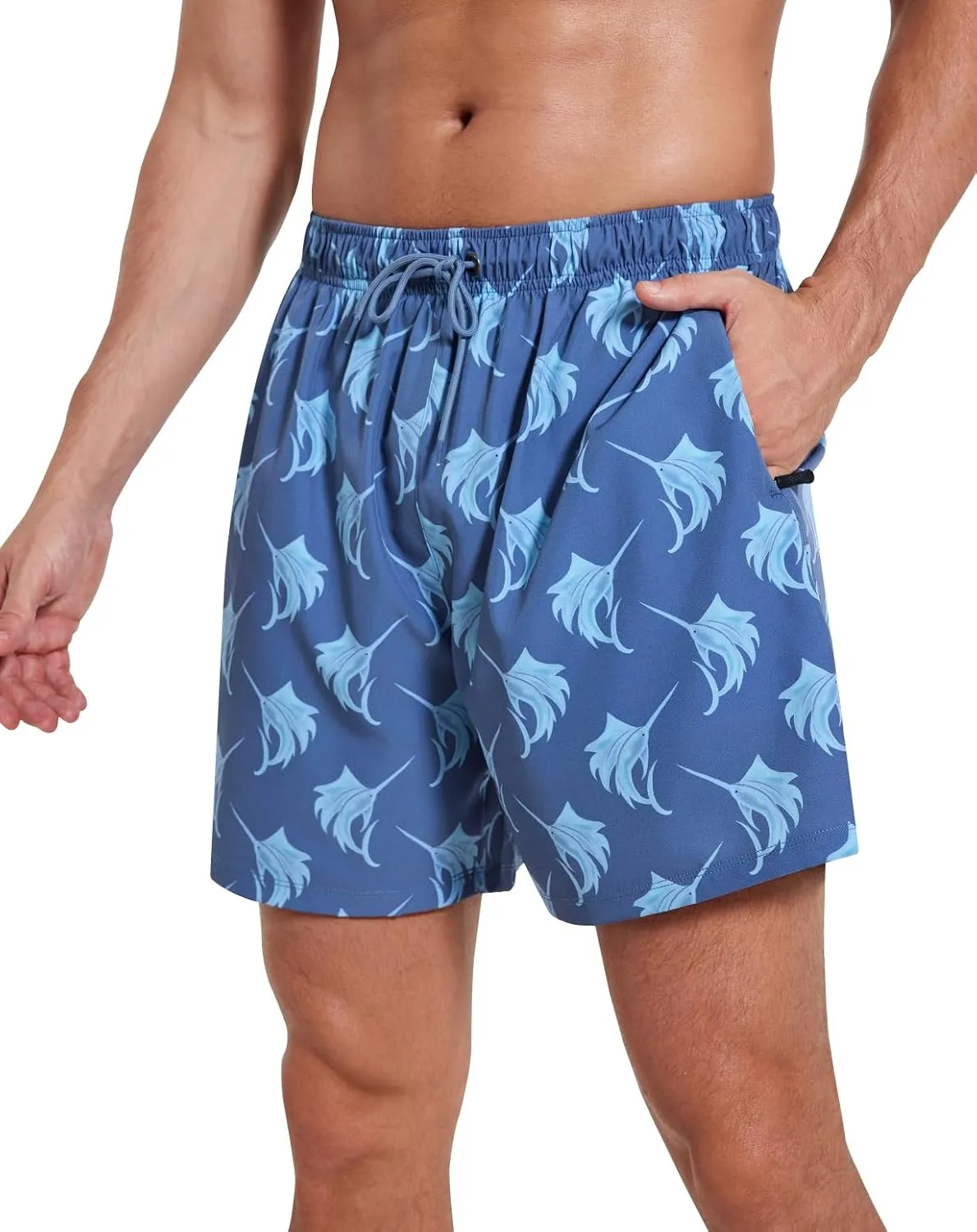 Mens Swim Trunks with Compression Liner 5" Stretch Beach Shorts 2 in 1 Quick Dry with Zipper Pockets Board Shorts