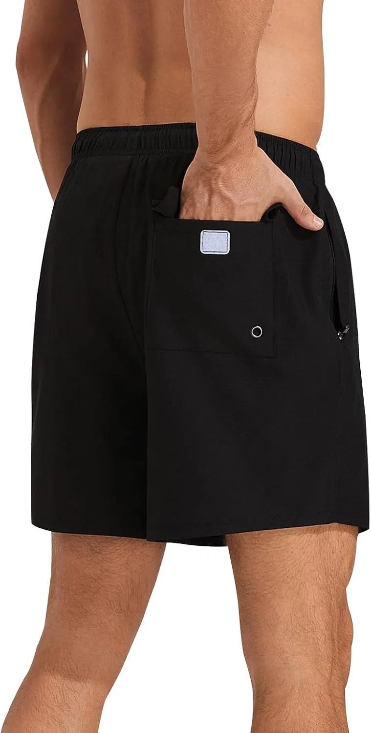 Mens Swim Trunks with Compression Liner 5" Stretch Beach Shorts 2 in 1 Quick Dry with Zipper Pockets Board Shorts