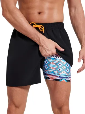 Mens Swim Trunks with Compression Liner 5" Stretch Beach Shorts 2 in 1 Quick Dry with Zipper Pockets Board Shorts