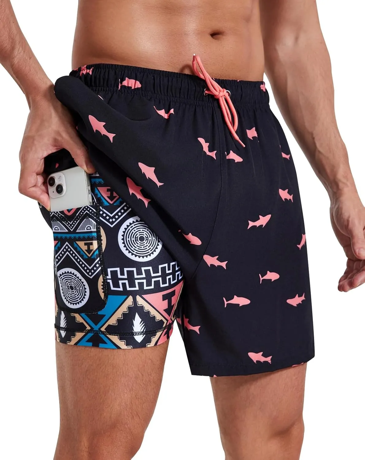 Mens Swim Trunks with Compression Liner 5" Stretch Beach Shorts 2 in 1 Quick Dry with Zipper Pockets Board Shorts