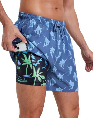 Mens Swim Trunks with Compression Liner 5" Stretch Beach Shorts 2 in 1 Quick Dry with Zipper Pockets Board Shorts