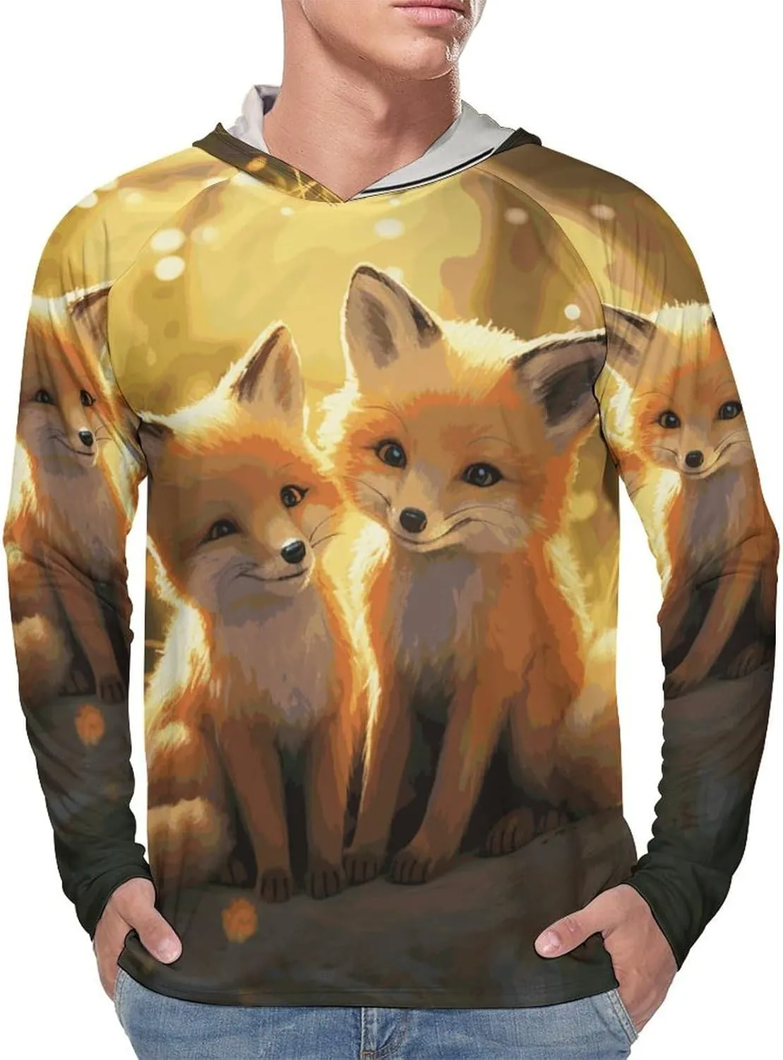Men's UPF 50  Sun Protection Hoodie Outdoor UV Shirts Cute Foxes Long Sleeve Quick Dry Fishing Hiking Shirt