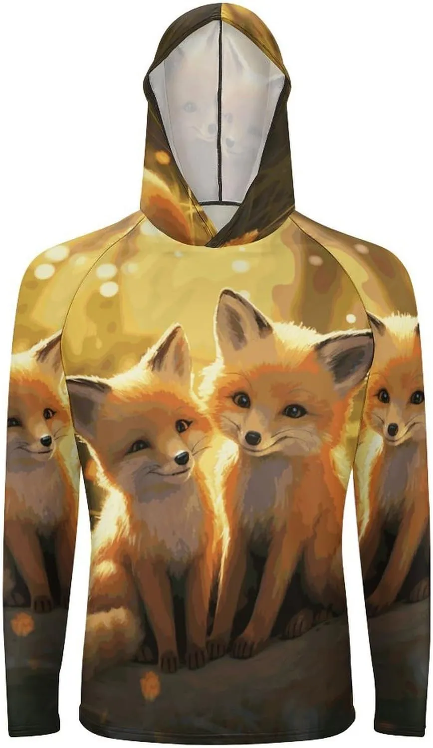 Men's UPF 50  Sun Protection Hoodie Outdoor UV Shirts Cute Foxes Long Sleeve Quick Dry Fishing Hiking Shirt