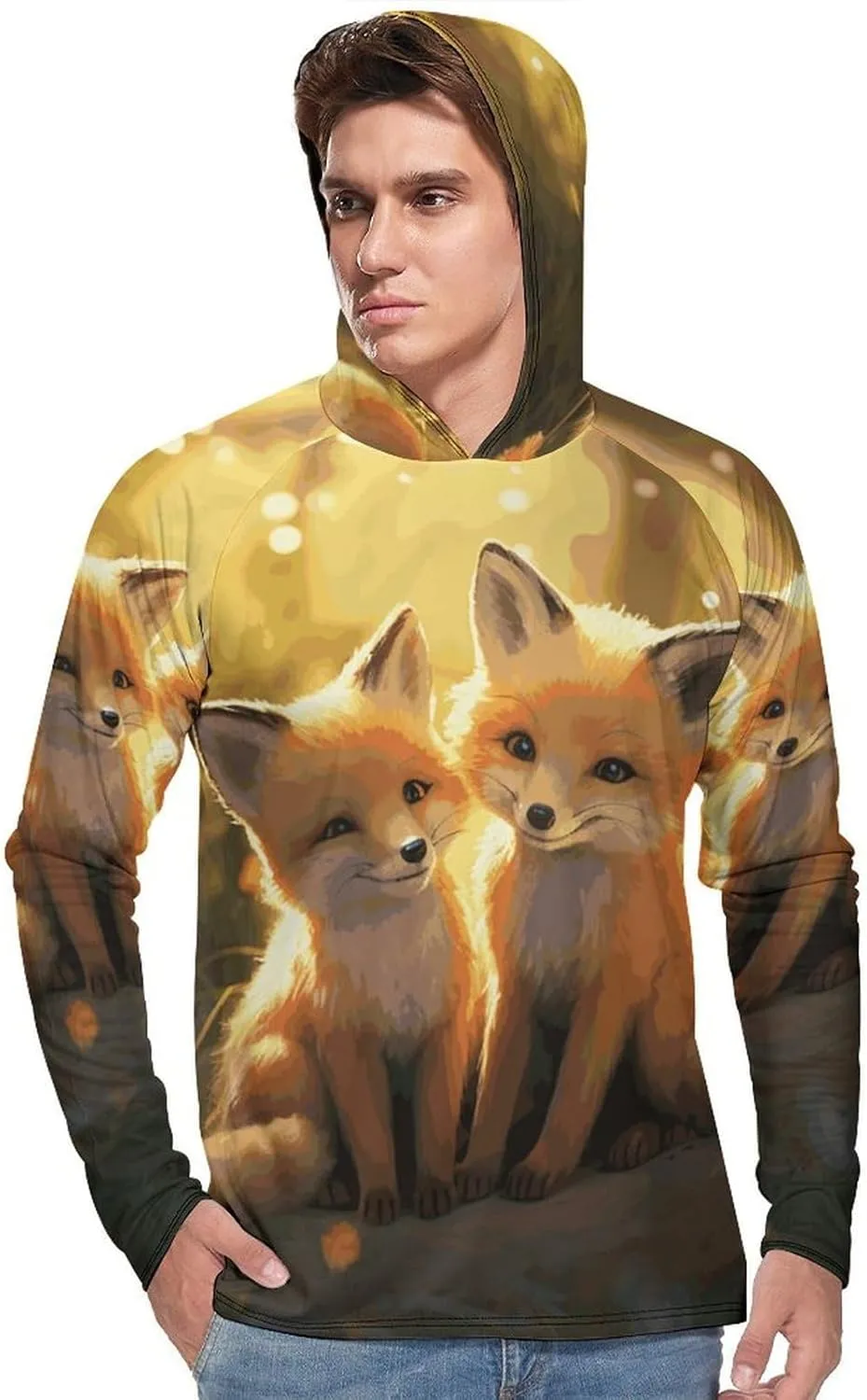 Men's UPF 50  Sun Protection Hoodie Outdoor UV Shirts Cute Foxes Long Sleeve Quick Dry Fishing Hiking Shirt