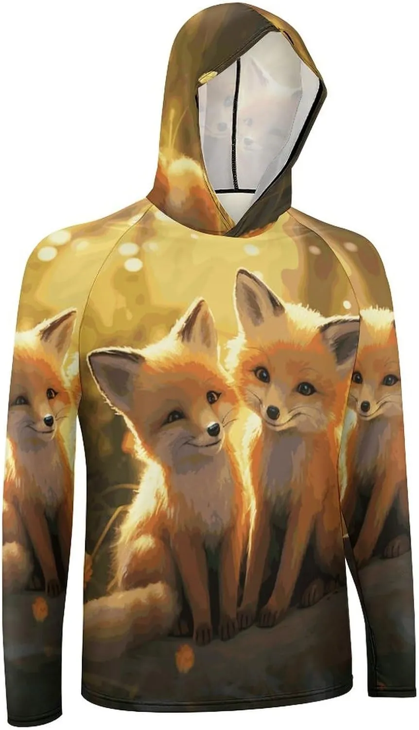 Men's UPF 50  Sun Protection Hoodie Outdoor UV Shirts Cute Foxes Long Sleeve Quick Dry Fishing Hiking Shirt