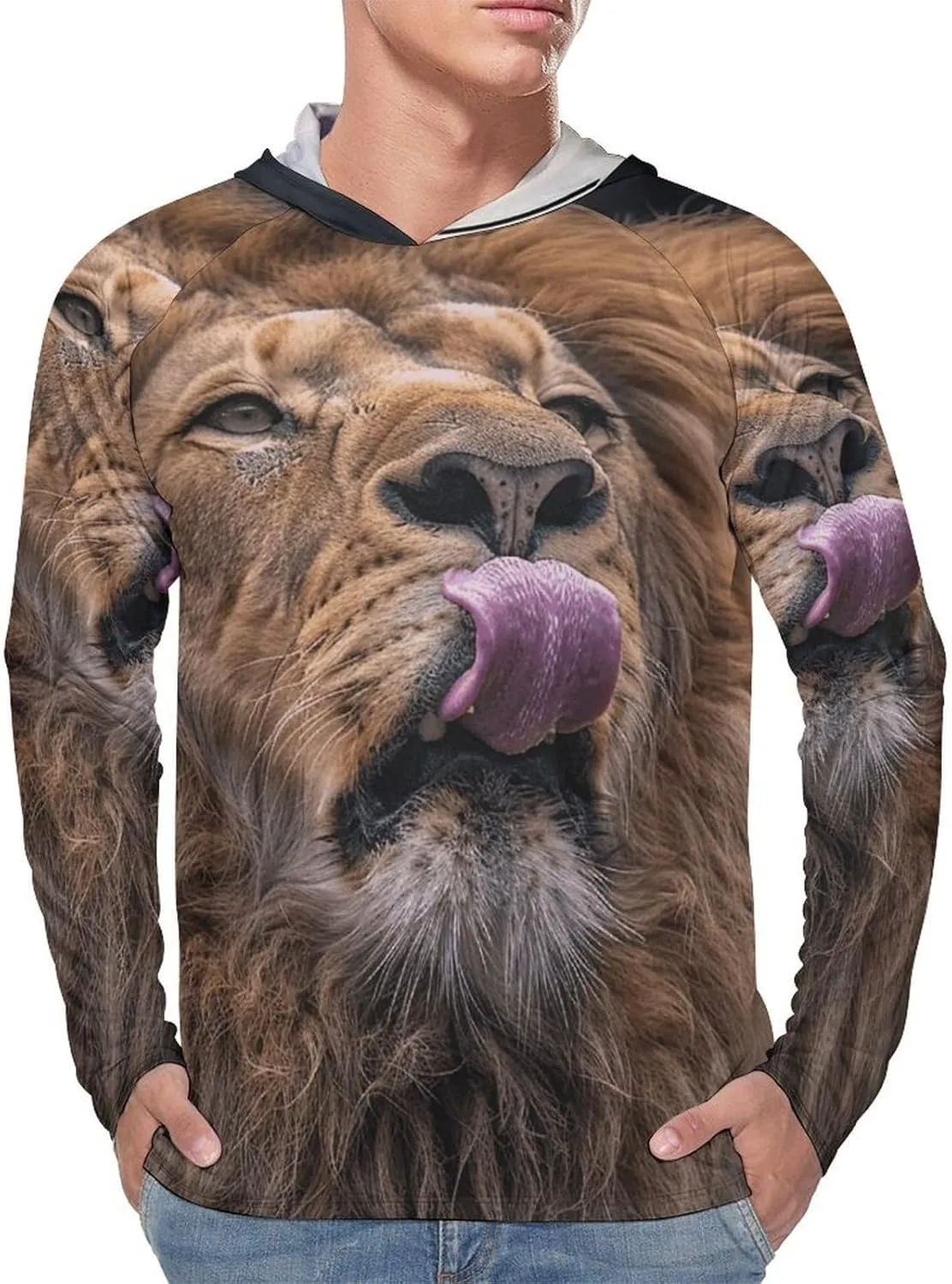 Men's UPF 50  Sun Protection Hoodie Outdoor UV Shirts Lion Sticks Out Tongue Long Sleeve Quick Dry Fishing Hiking Shirt
