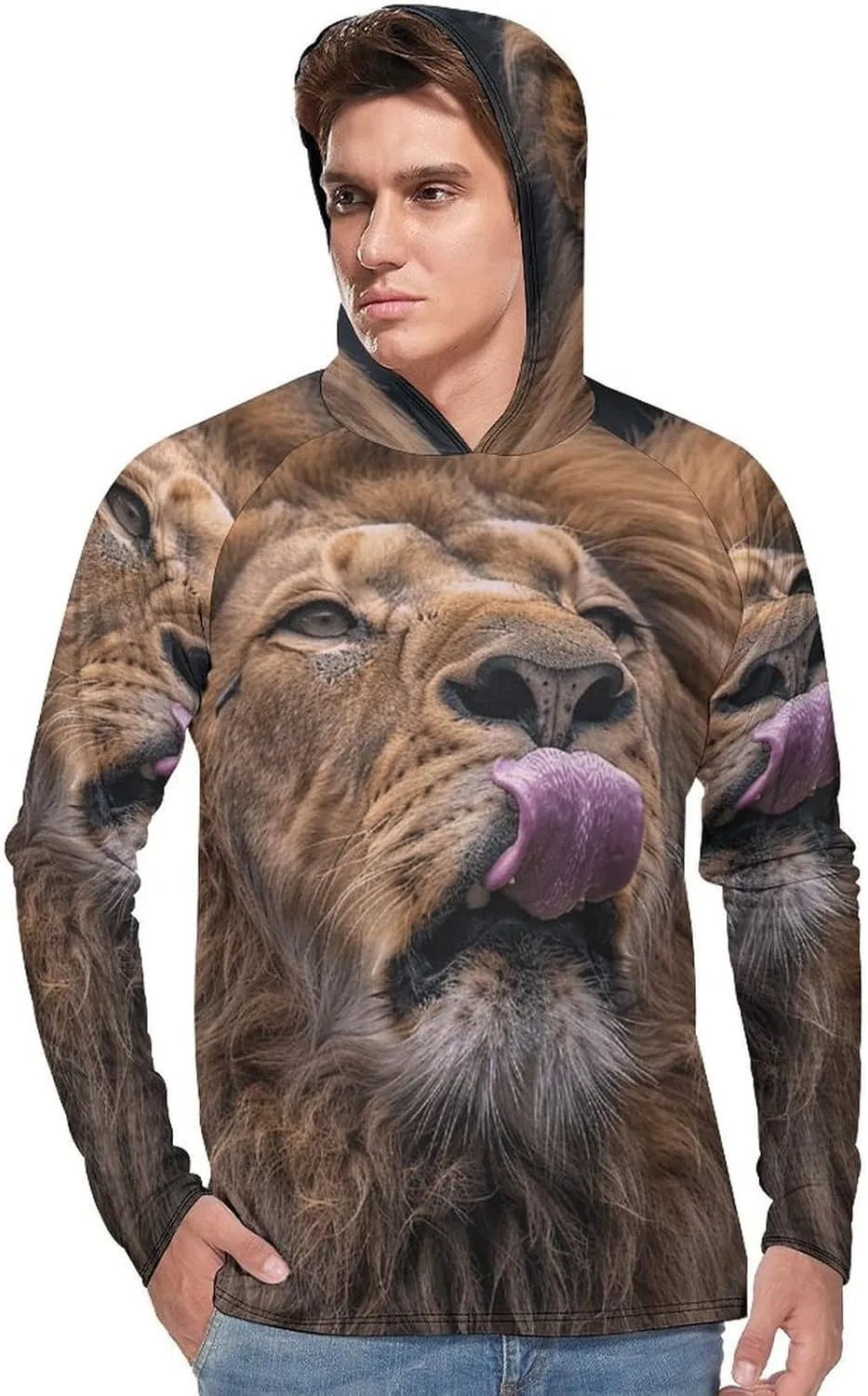 Men's UPF 50  Sun Protection Hoodie Outdoor UV Shirts Lion Sticks Out Tongue Long Sleeve Quick Dry Fishing Hiking Shirt