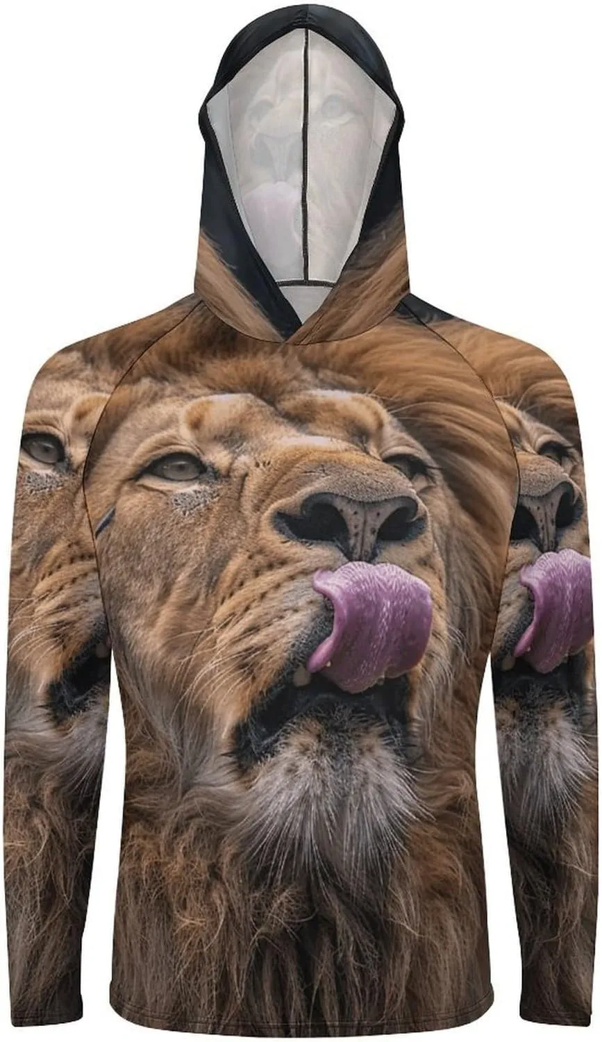 Men's UPF 50  Sun Protection Hoodie Outdoor UV Shirts Lion Sticks Out Tongue Long Sleeve Quick Dry Fishing Hiking Shirt