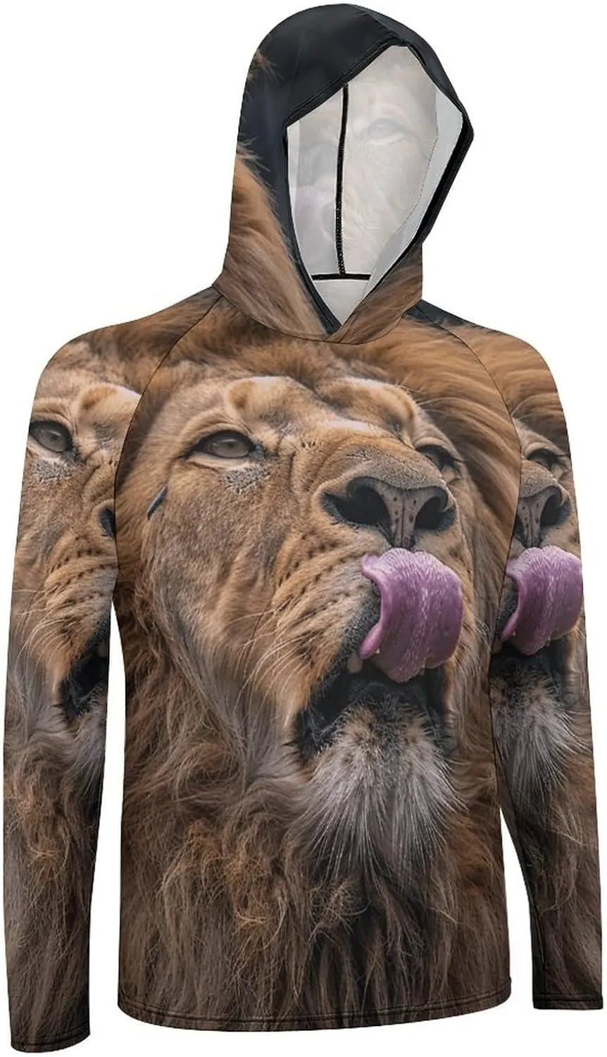 Men's UPF 50  Sun Protection Hoodie Outdoor UV Shirts Lion Sticks Out Tongue Long Sleeve Quick Dry Fishing Hiking Shirt
