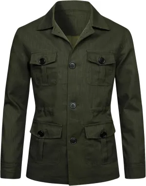 Men's Vintage Blazers Casual Long Sleeve Button Down Linen Jacket Trendy Business Shirt Coat Outwear with 4 Pockets
