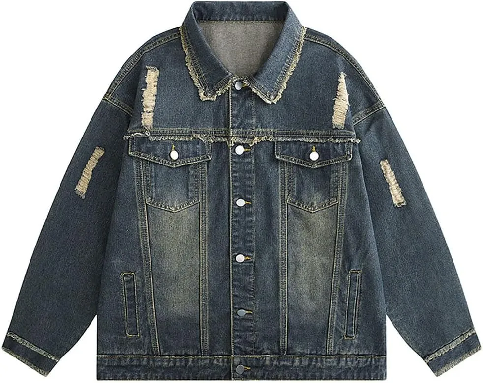 Men's Vintage Denim Jacket Loose Fit Y2K Distressed Cowboy Style Coat Spring Autumn Casual Outerwear