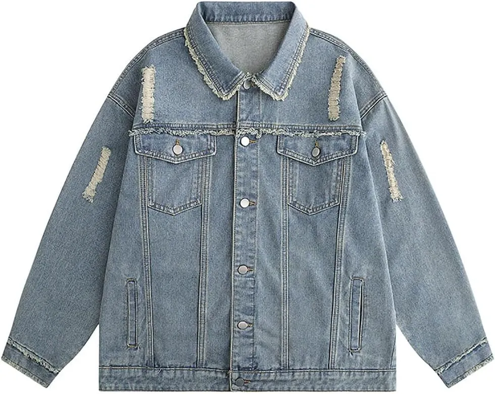 Men's Vintage Denim Jacket Loose Fit Y2K Distressed Cowboy Style Coat Spring Autumn Casual Outerwear