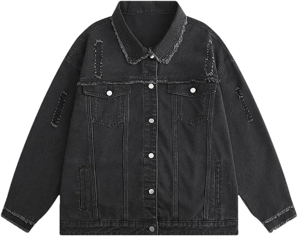 Men's Vintage Denim Jacket Loose Fit Y2K Distressed Cowboy Style Coat Spring Autumn Casual Outerwear