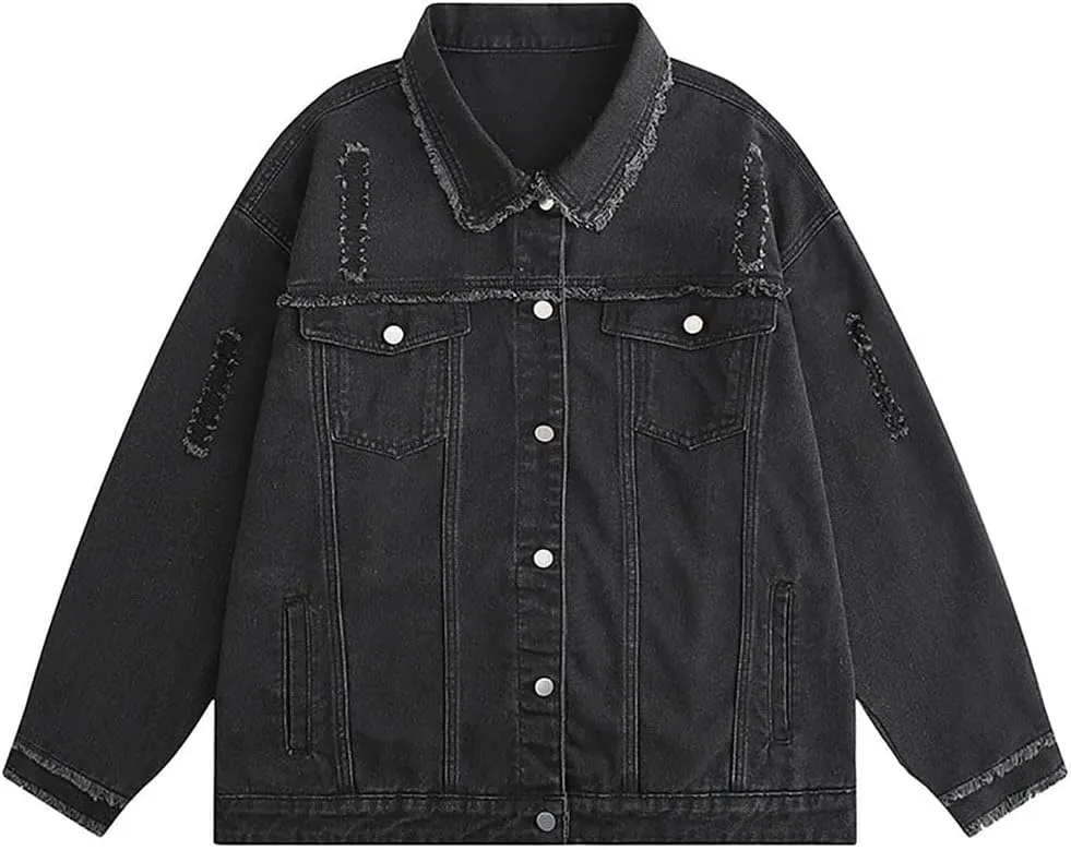 Men's Vintage Denim Jacket Loose Fit Y2K Distressed Cowboy Style Coat Spring Autumn Casual Outerwear