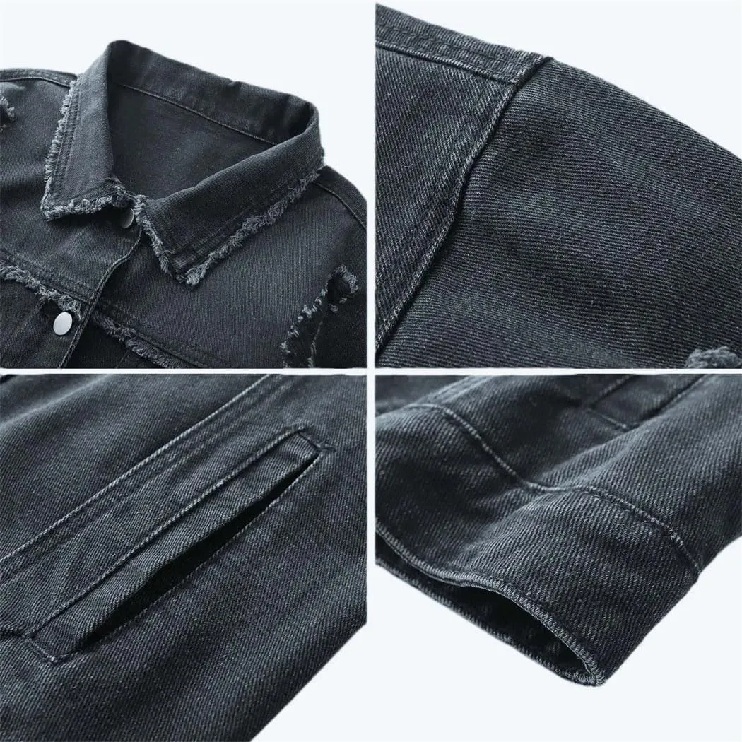 Men's Vintage Denim Jacket Loose Fit Y2K Distressed Cowboy Style Coat Spring Autumn Casual Outerwear