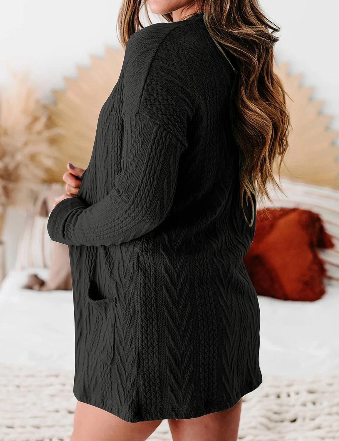 MEROKEETY Women's Casual Long Sleeve Open Front Cable Knit Cardigans Lightweight Solid Color with Pockets