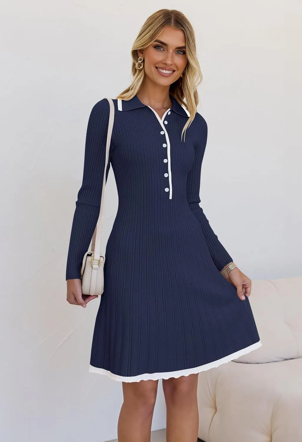 MEROKEETY Women's Long Sleeve V Neck Sweater Dress 2025 Spring Button Knit Pleated Mini Work Dresses