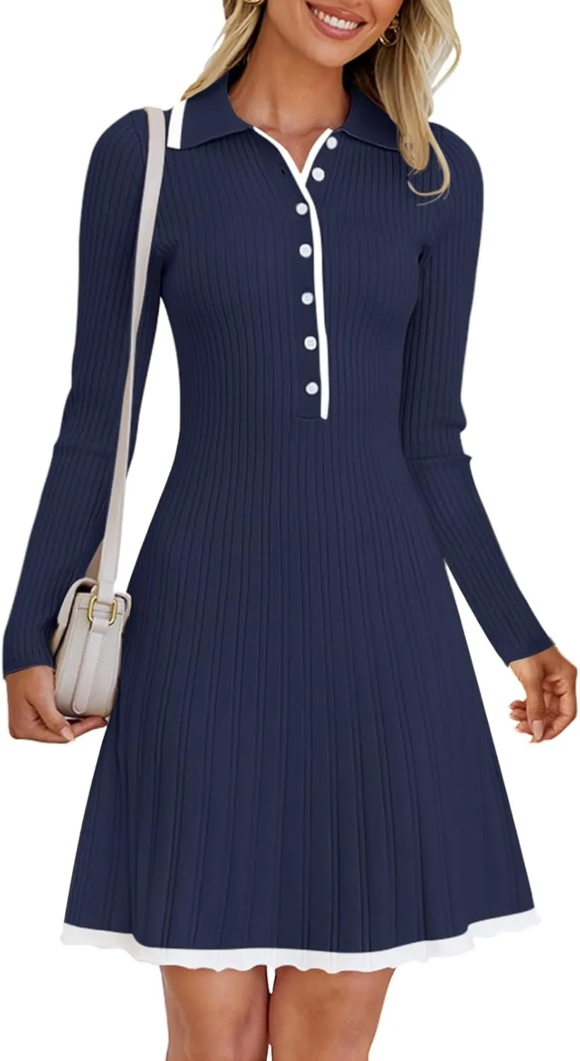 MEROKEETY Women's Long Sleeve V Neck Sweater Dress 2025 Spring Button Knit Pleated Mini Work Dresses