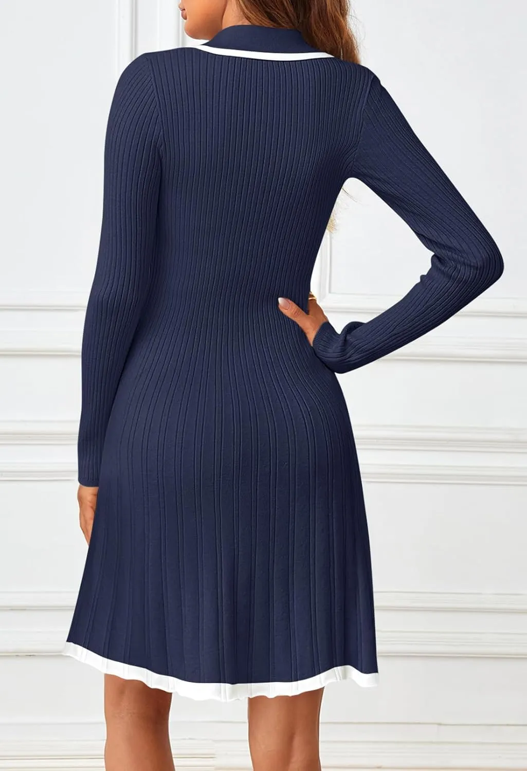 MEROKEETY Women's Long Sleeve V Neck Sweater Dress 2025 Spring Button Knit Pleated Mini Work Dresses