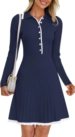 MEROKEETY Women's Long Sleeve V Neck Sweater Dress 2025 Spring Button Knit Pleated Mini Work Dresses