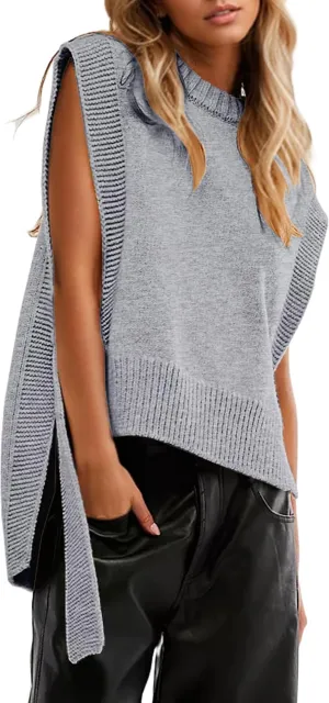MISSACTIVER Women Oversized Round Neck Sleeveless Sweater Vest Knit High Low Hem Side Tie Solid Color Pullover Tank Tops
