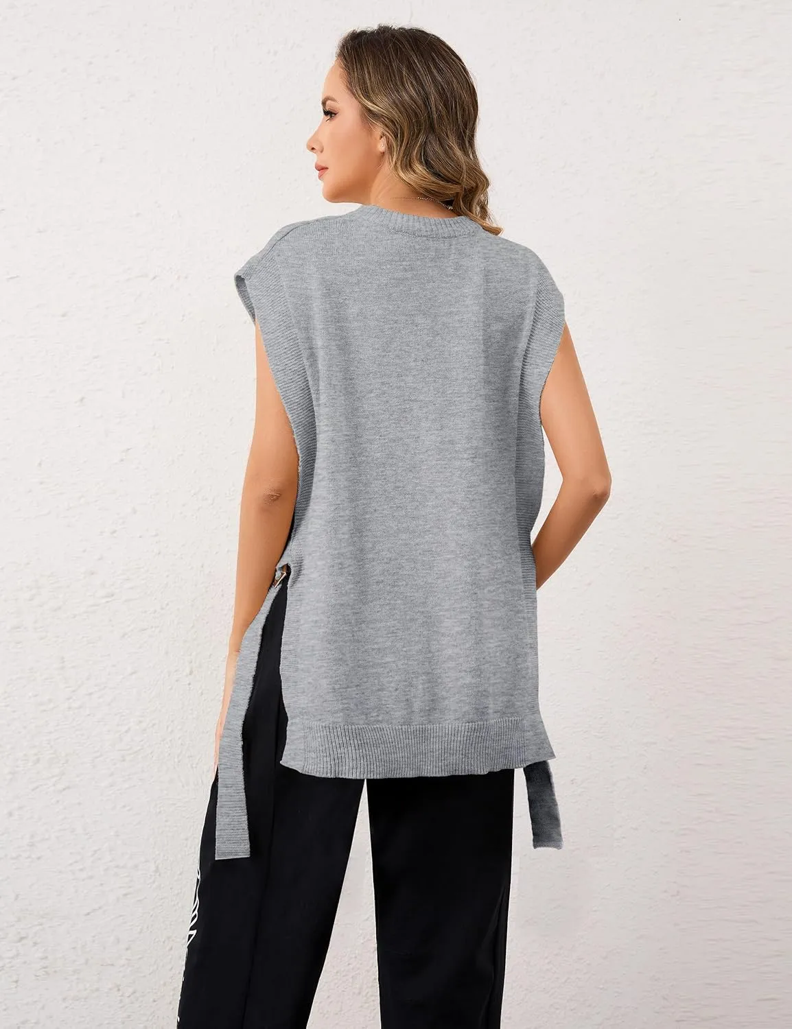 MISSACTIVER Women Oversized Round Neck Sleeveless Sweater Vest Knit High Low Hem Side Tie Solid Color Pullover Tank Tops