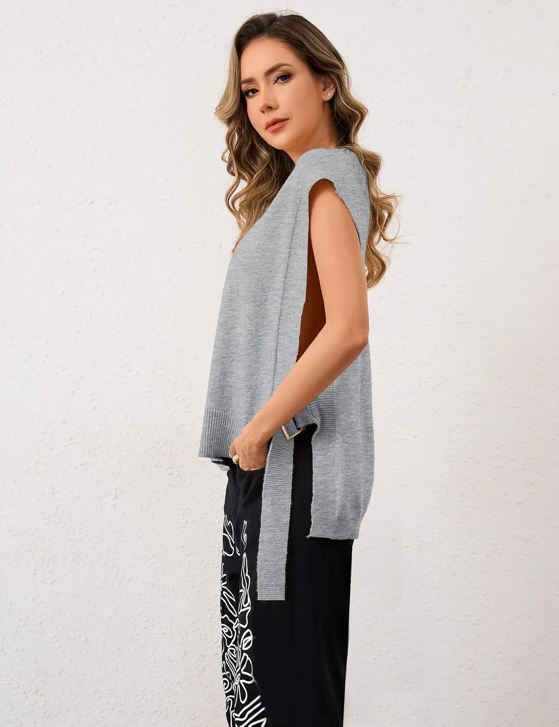 MISSACTIVER Women Oversized Round Neck Sleeveless Sweater Vest Knit High Low Hem Side Tie Solid Color Pullover Tank Tops