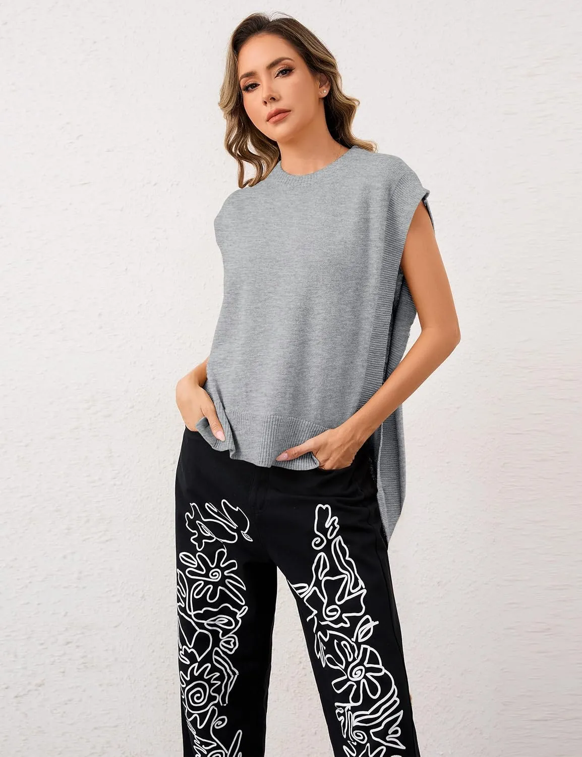 MISSACTIVER Women Oversized Round Neck Sleeveless Sweater Vest Knit High Low Hem Side Tie Solid Color Pullover Tank Tops