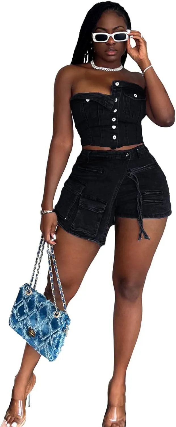 Molilove Women's Denim 2 Piece Outfits Button Tube Top and Cargo Shorts with Pockets Summer Sexy Jeans Shorts Set Tracksuits