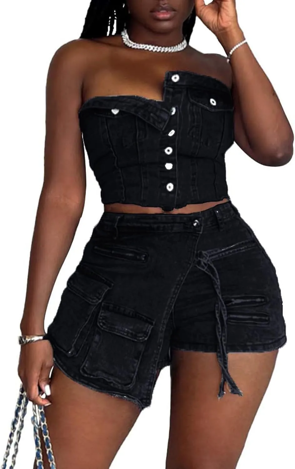 Molilove Women's Denim 2 Piece Outfits Button Tube Top and Cargo Shorts with Pockets Summer Sexy Jeans Shorts Set Tracksuits